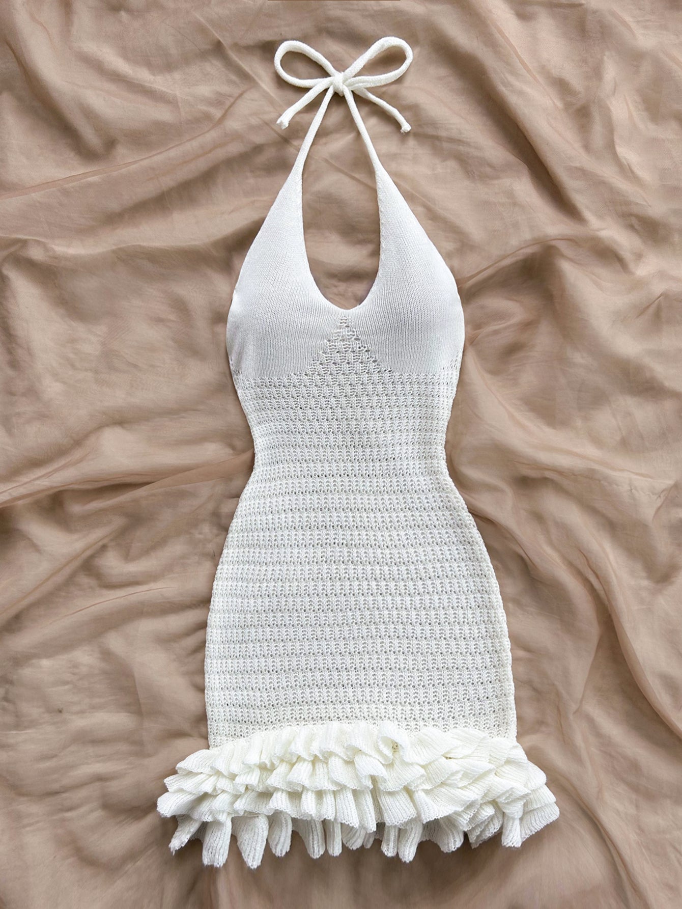 Crochet Halter Knit Bubble Backless Dresses Summer Vacation Festival Cruise Hawaii Beach Outfits