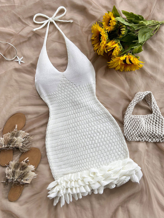 Crochet Halter Knit Bubble Backless Dresses Summer Vacation Festival Cruise Hawaii Beach Outfits