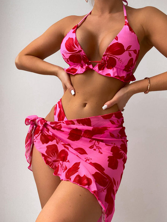 3 Pack Floral Print Underwire Sexy Bikini Swimsuit & Beach Skirt