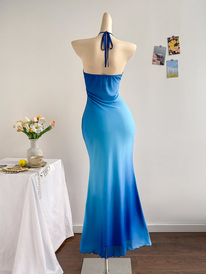 Floral Ombre Boho Maxi Dresses Halter Starfish Sunset Vacation Beach Cocktail Fishtail Sundress