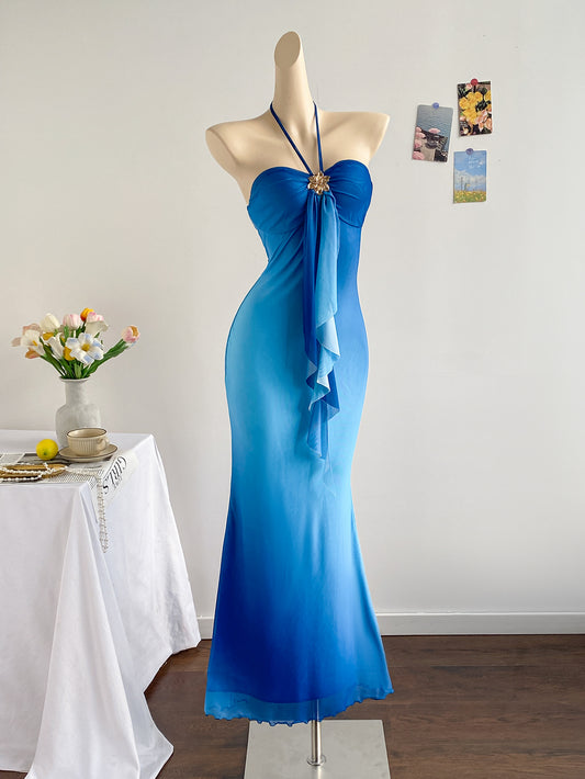 Floral Ombre Boho Maxi Dresses Halter Starfish Sunset Vacation Beach Cocktail Fishtail Sundress