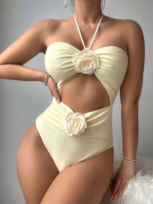 Solid 3D Floral Cut Out Halter Tie One Piece Swimsuit Y2K Quick Dry Bathing Suits Swimwear Beach Wear